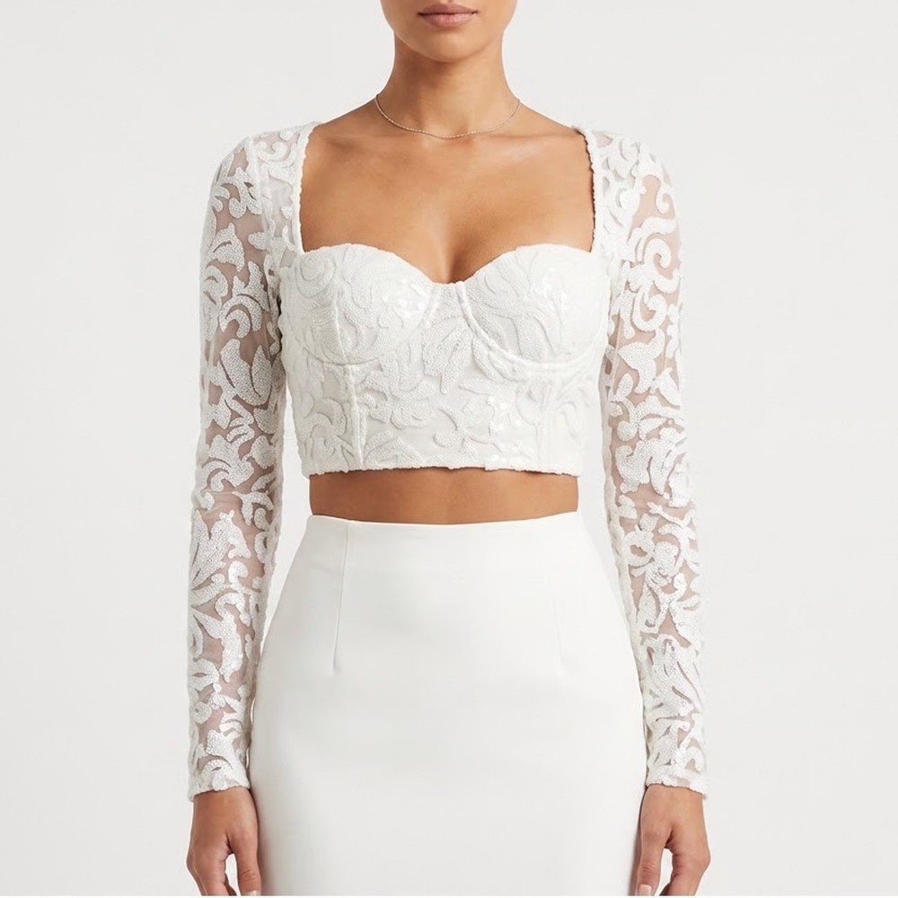 Naked Wardrobe White Sequin Lace Long Sleeve Crop Top Bustier Small