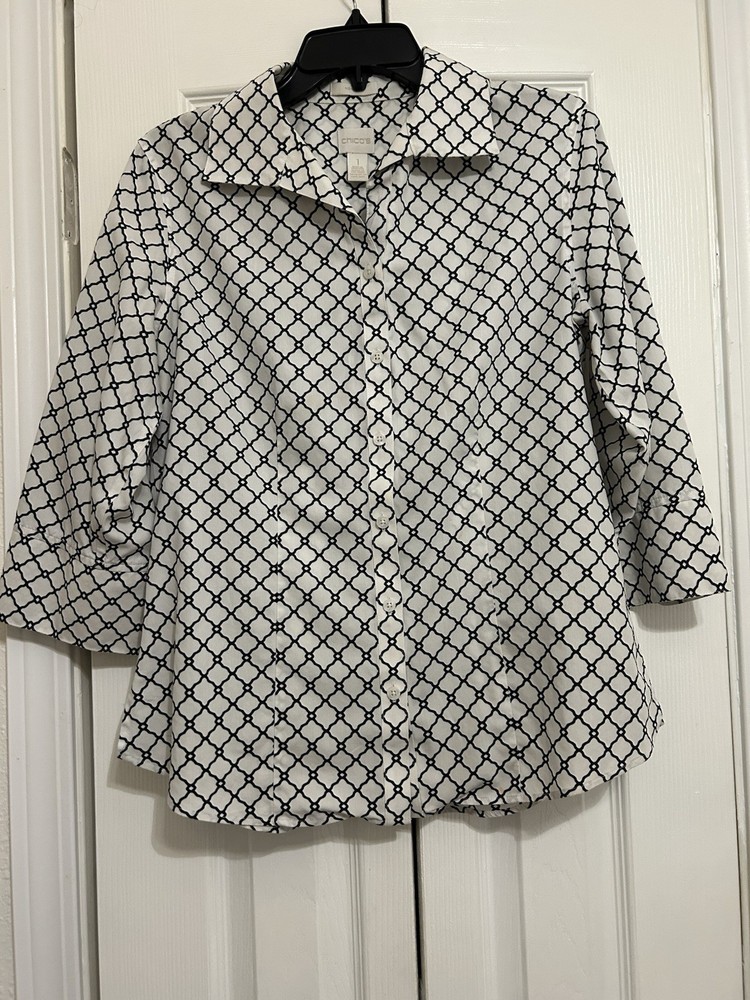Chico's Women's Black White Geometric Button-Up Blouse No Iron Cotton Size M