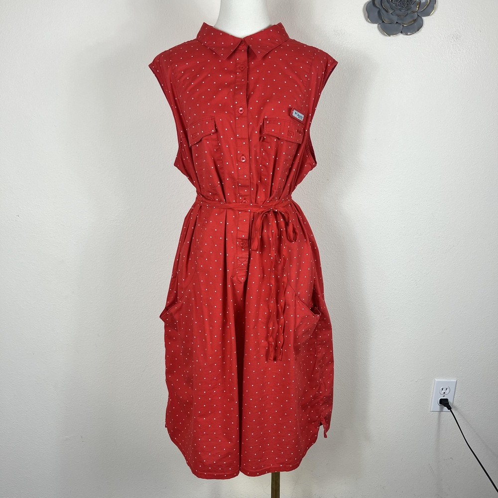 Columbia PFG Shirt Dress Womens 3X Red Polka Dot Sleeveless Fishing Pockets