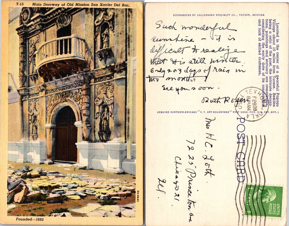 Main Doorway Old Mission San Xavier del Bac Arizona AZ Postcard