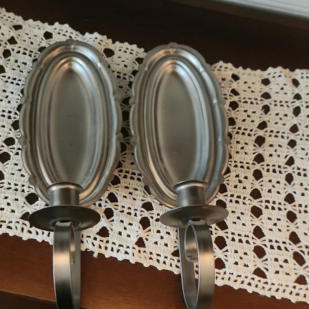 Metal Wall Sconce Candle Holders Pair, Silver Metallic, Oval Drip Trays 10 in