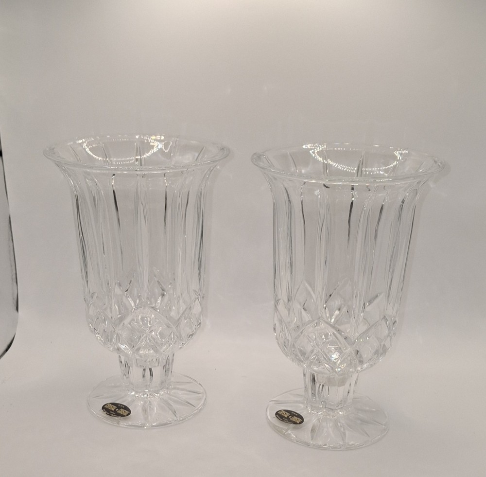 DEPLOMB Cristal Lead Crystal Clear Footed Vases Pair Glossy Finish U.S.A.