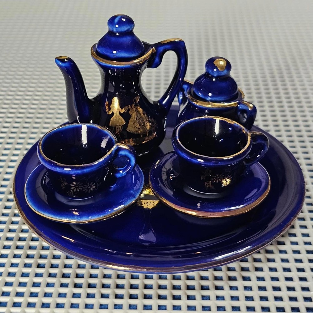 Vintage Miniature 9 Piece Porcelain Tea Set Dark Blue and Gold