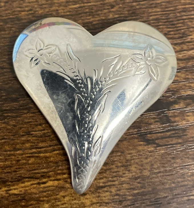 Vintage Sterling Silver .925 Heart Brooch Pin with Floral Design