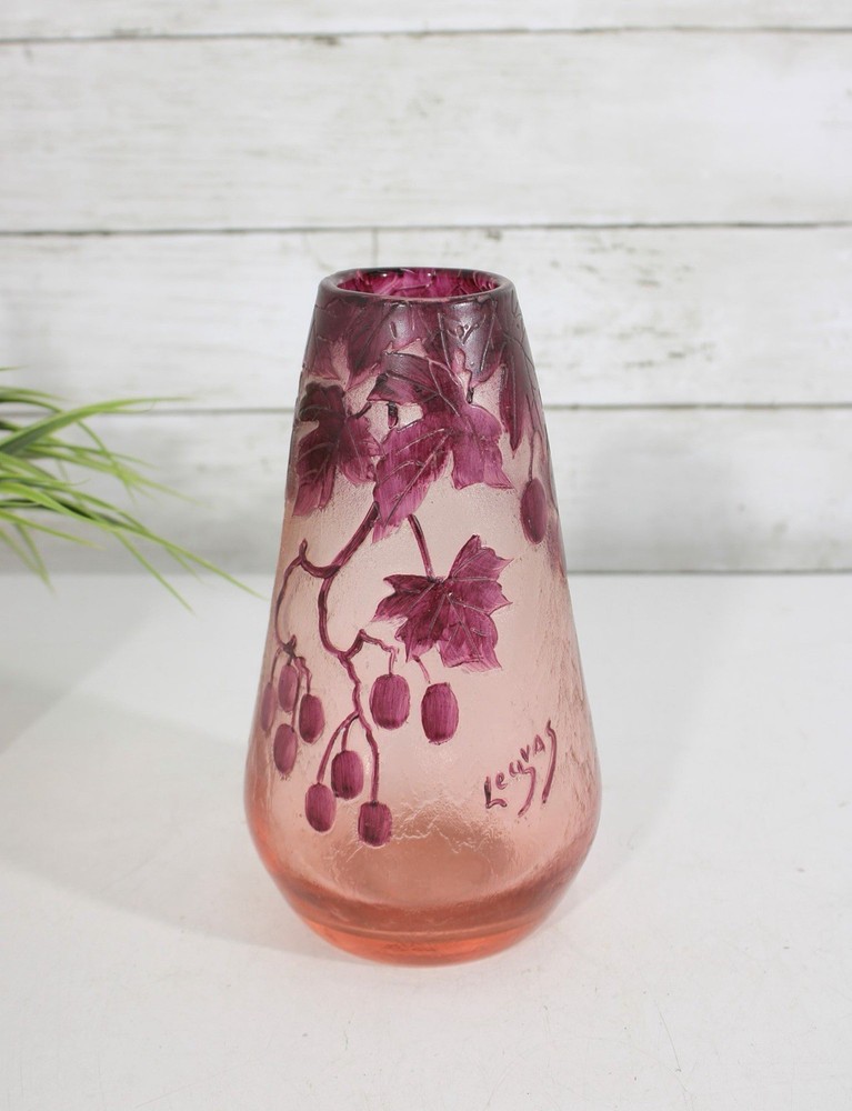 Antique Legras French Cameo Glass Vase Art Nouveau Signed Pink Purple Rubis 1910