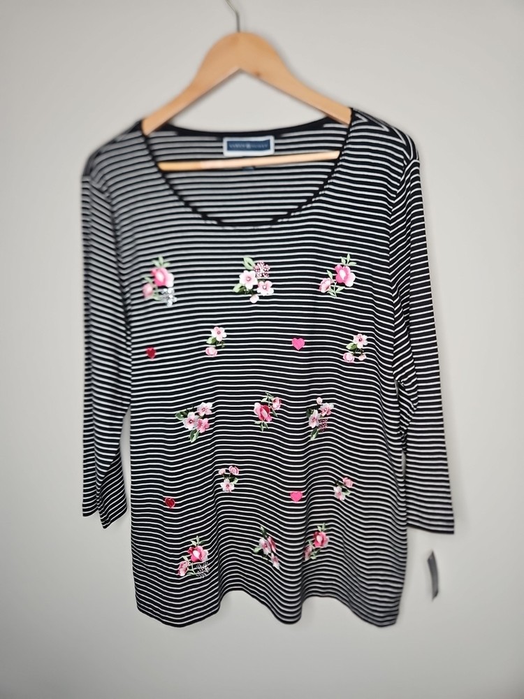 Karen Scott Top XXL Black Striped Floral Applique Sequin Cotton CottageCore