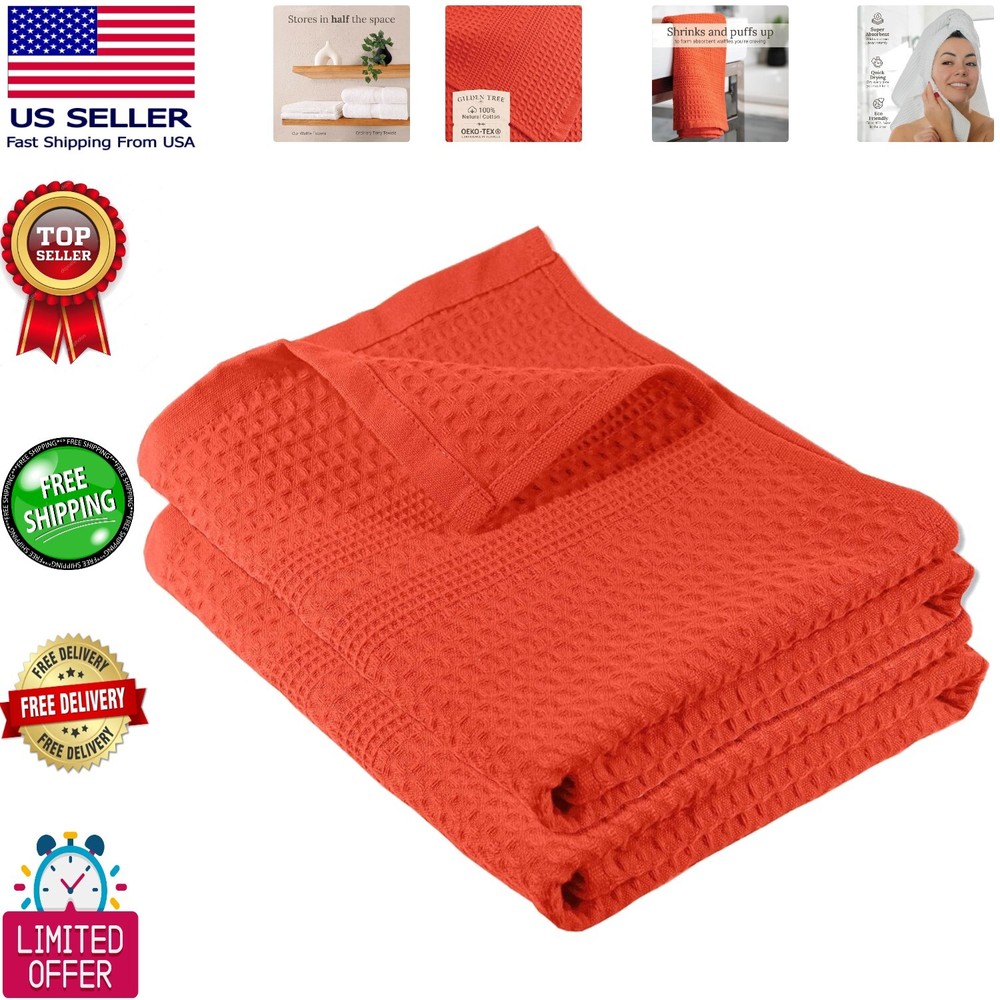 2-Pack Quick Dry Waffle Bath Towels in Coral - Soft Eco Cotton  