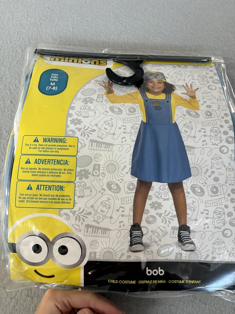 Minions Bob Costume Girls Medium 7-8 Yellow Blue Dress Headpiece Disguise Movie