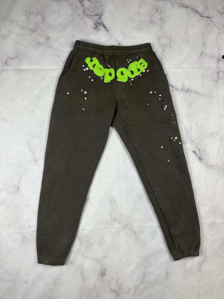sp5der Men's Gray Green Sweatpants Stars Logo 100% Cotton Size S Fleece Pants