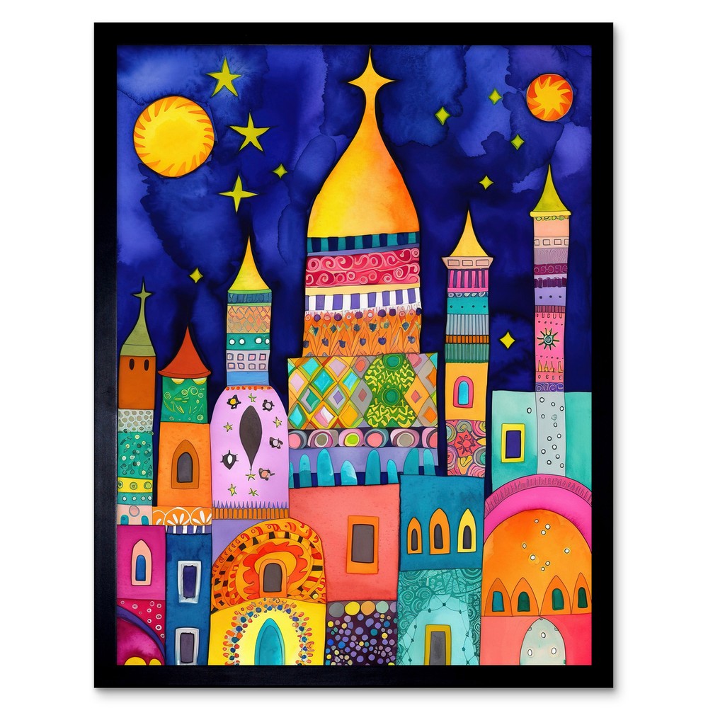Islamic Cityscape Moonlight Mosque Modern Folk Art Framed Wall Art Print 12x16