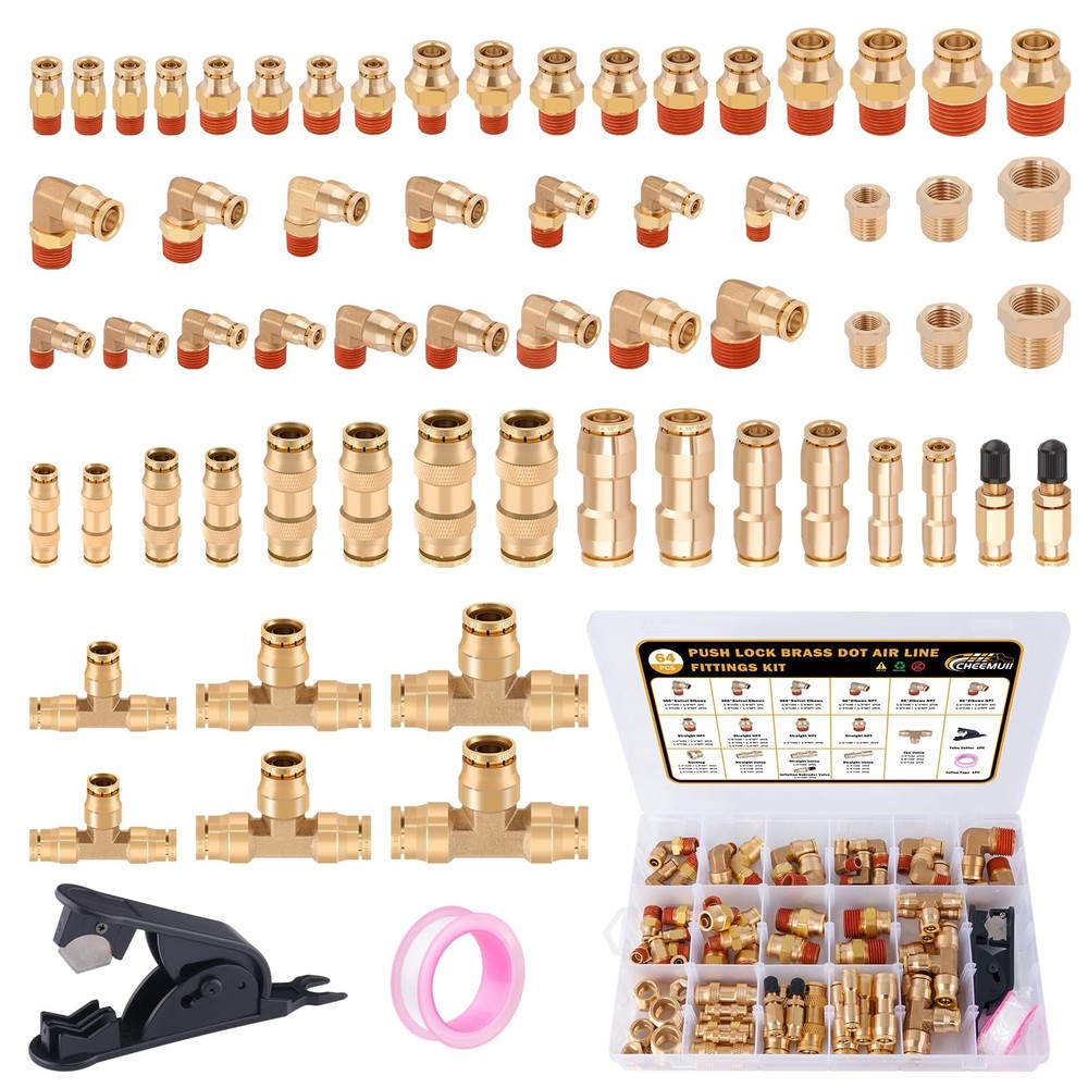 64 Pcs Brass DOT Air Line Fittings Kit Push Lock & Quick Connect Fittings NPT Th