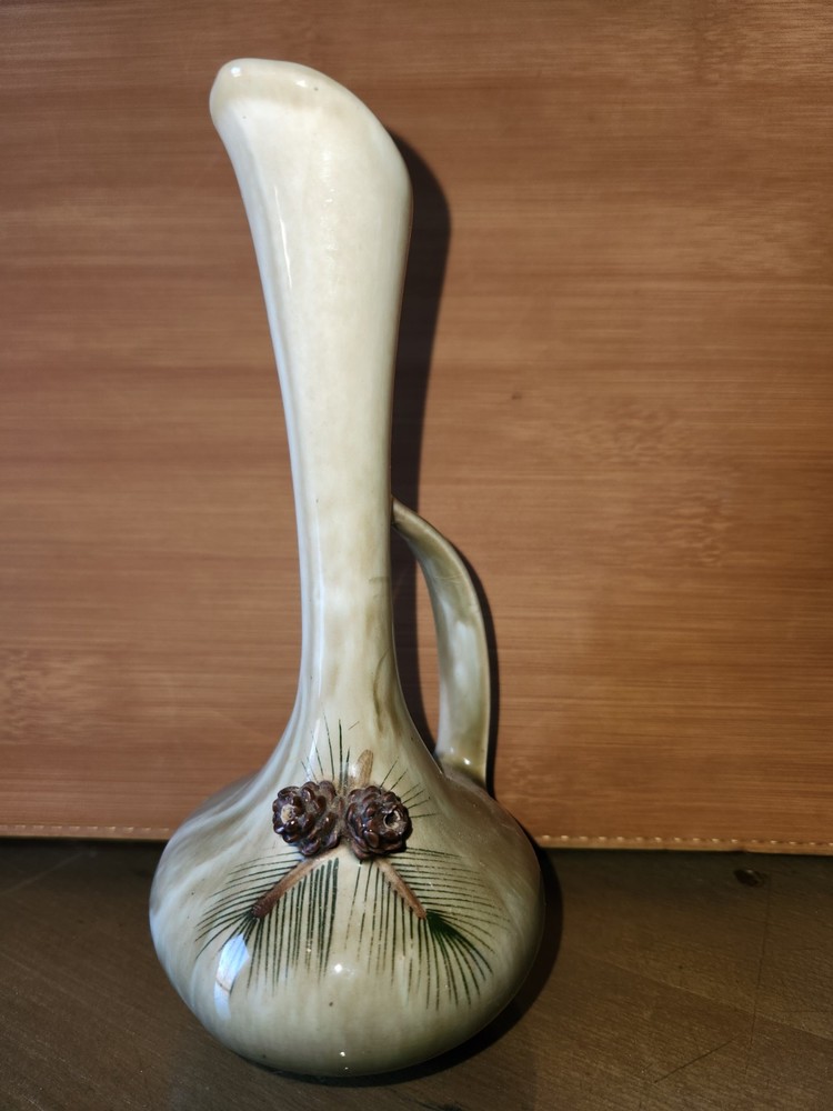 Vintage Gladys Pottery Pine Cone Motif Bud Vase Painted Details Signed 6.5