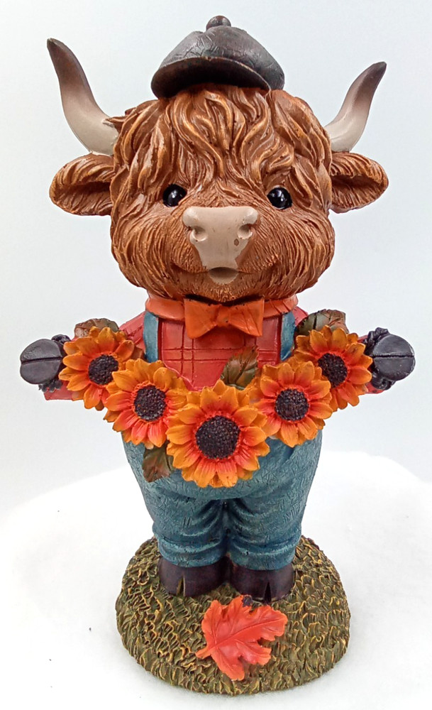 Highland Cow Figurine Statute Poly Shirt Bow Tie Hat Floral Fall Sunflowers New