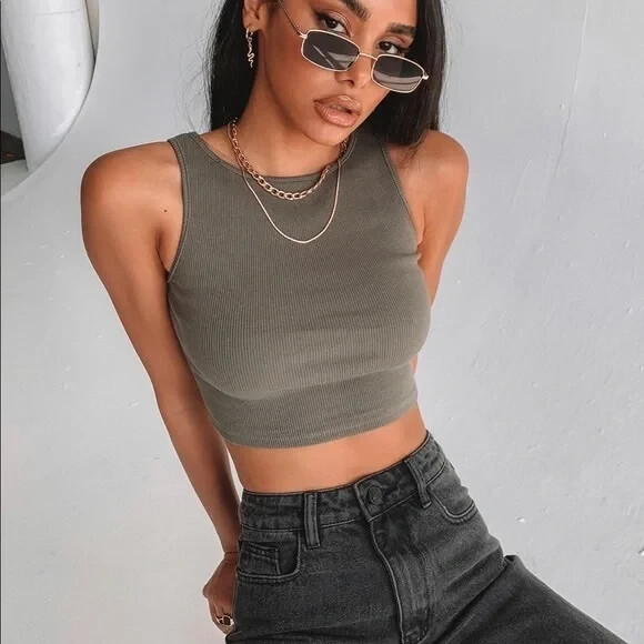 Princess Polly Indie Boho Fall Layers Sage Green Ribbed Crop Tank Top Size 4