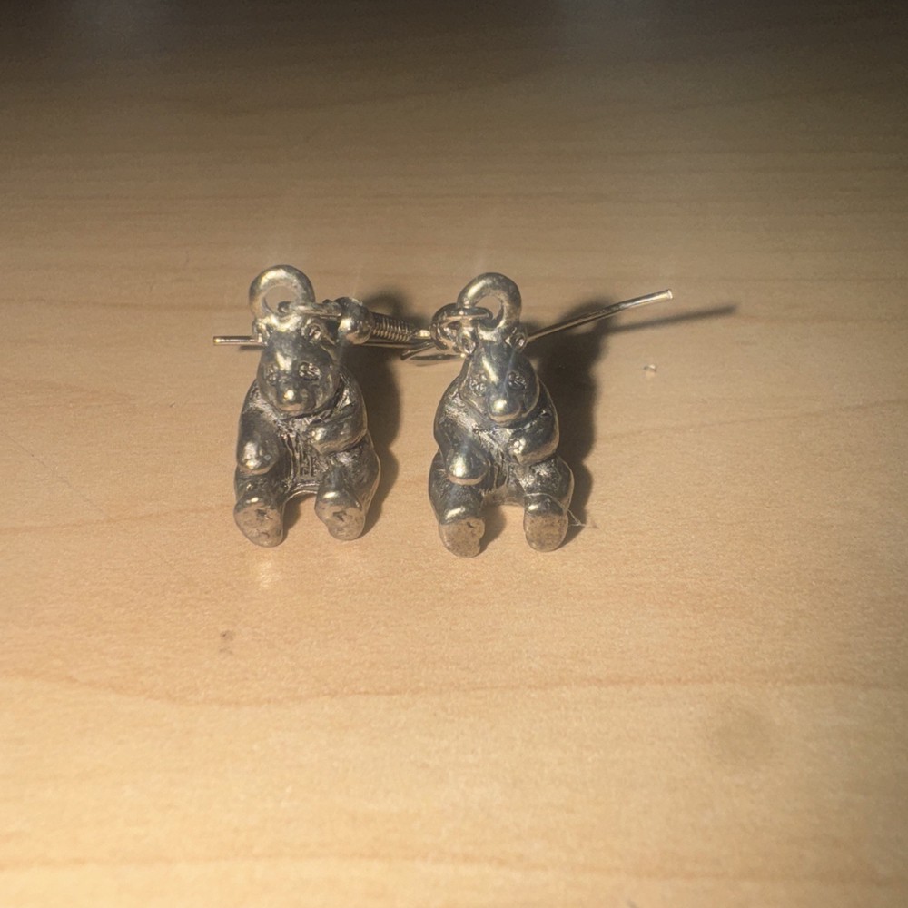 Silver tone Small Panda Bear Dangle Earrings