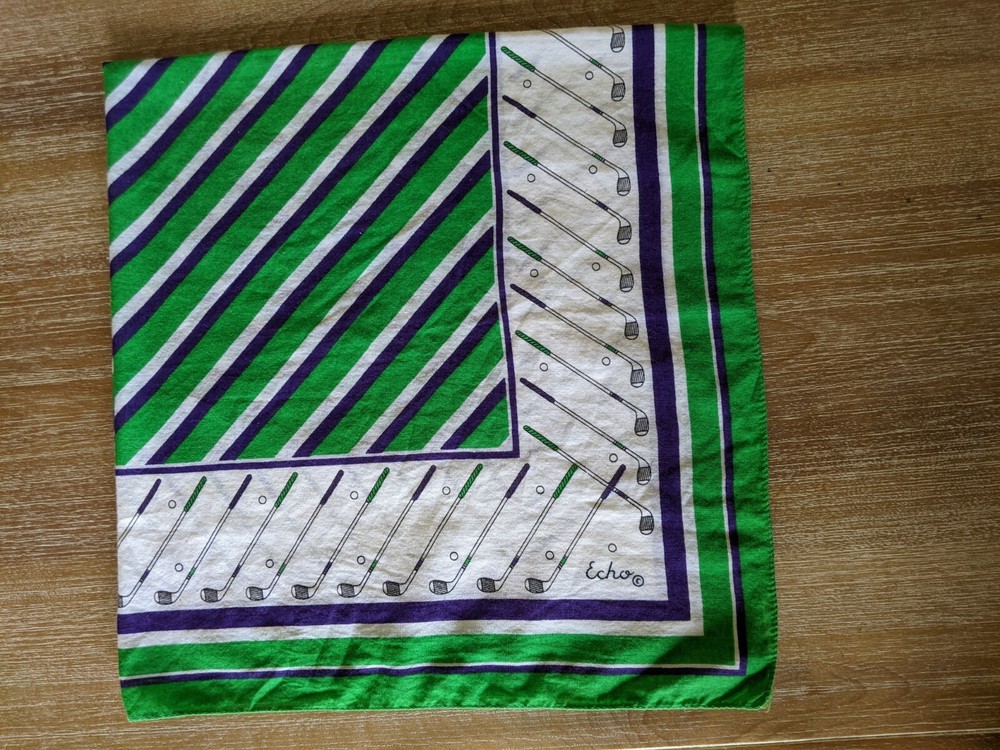 Vintage Echo Cotton Scarf, Italy, Golf Theme Green Purple White - 26 x 26 in.