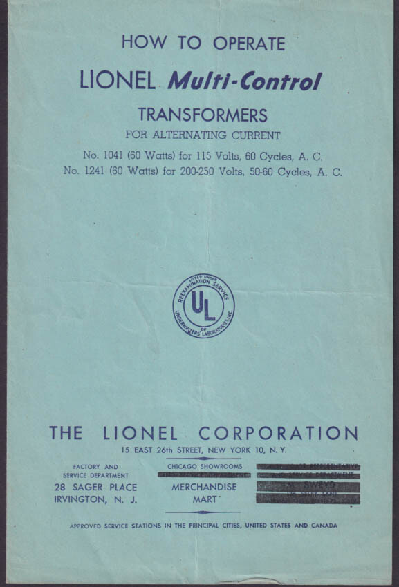 How to Operate Lionel Multi-Control Transformers ORIGINAL folder 1 1946