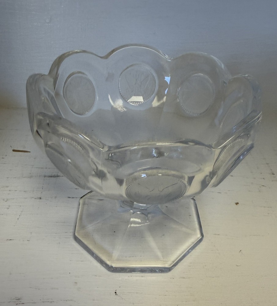 Vintage Fostoria Coin Glass Dish Compote Clear Frosted American Eagle Torch Seal