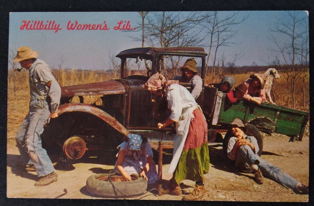 Arkansas Postcard Mid 1900s Original RARE Hillbilly Women's Lib Pickup Truck