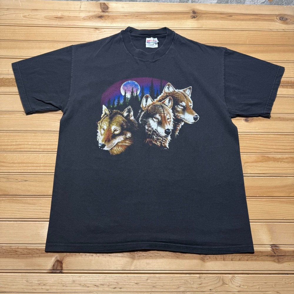 Vintage 1993 Hanes Triple Wolf Moon Forest Animal Graphic T-Shirt USA - Large