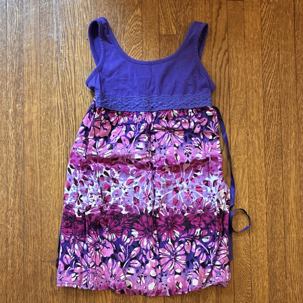 Basic Editions Girls Sundress Floral Purple Pink Sleeveless Strappy Size 7/8
