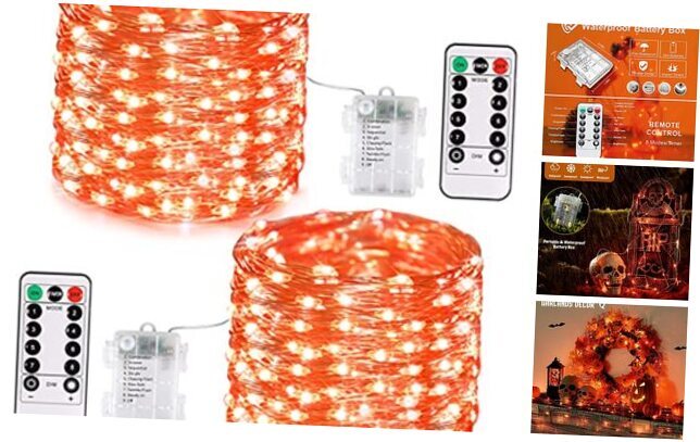 2 Pack Halloween Fairy Lights Battery Operated, Total 400 2 Pack 200LED Orange