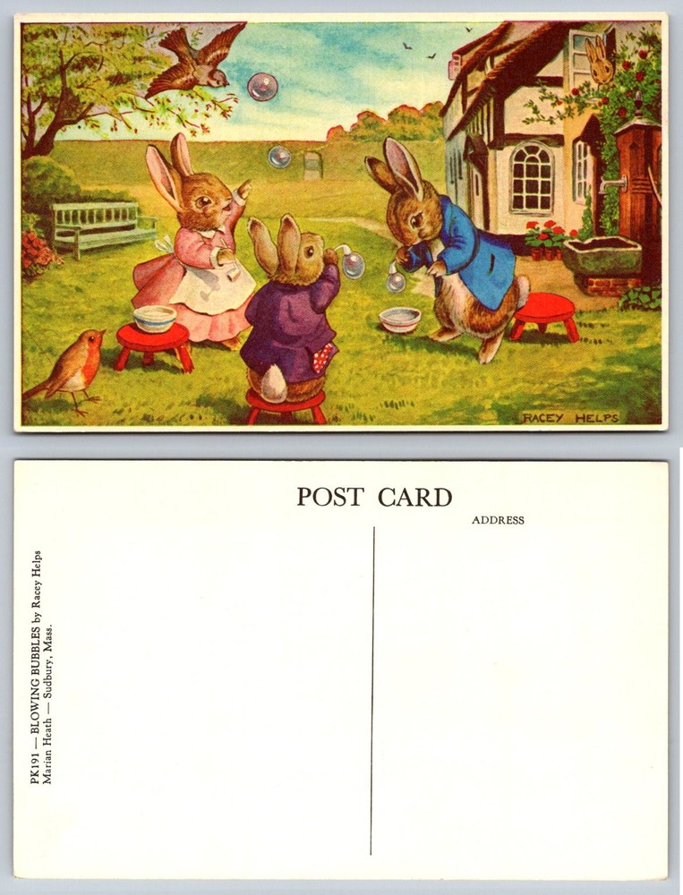 Racey Helps BLOWING BUBBLES Postcard Marian Heath Anthropomorphic Bunnies
