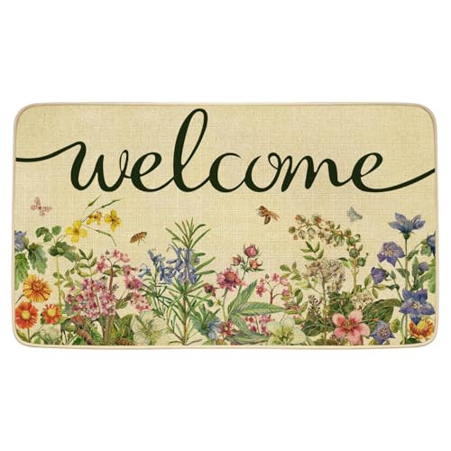 Spring Door Mat Floral Welcome Decor Doormat, Summer Flower Decorative Indoor