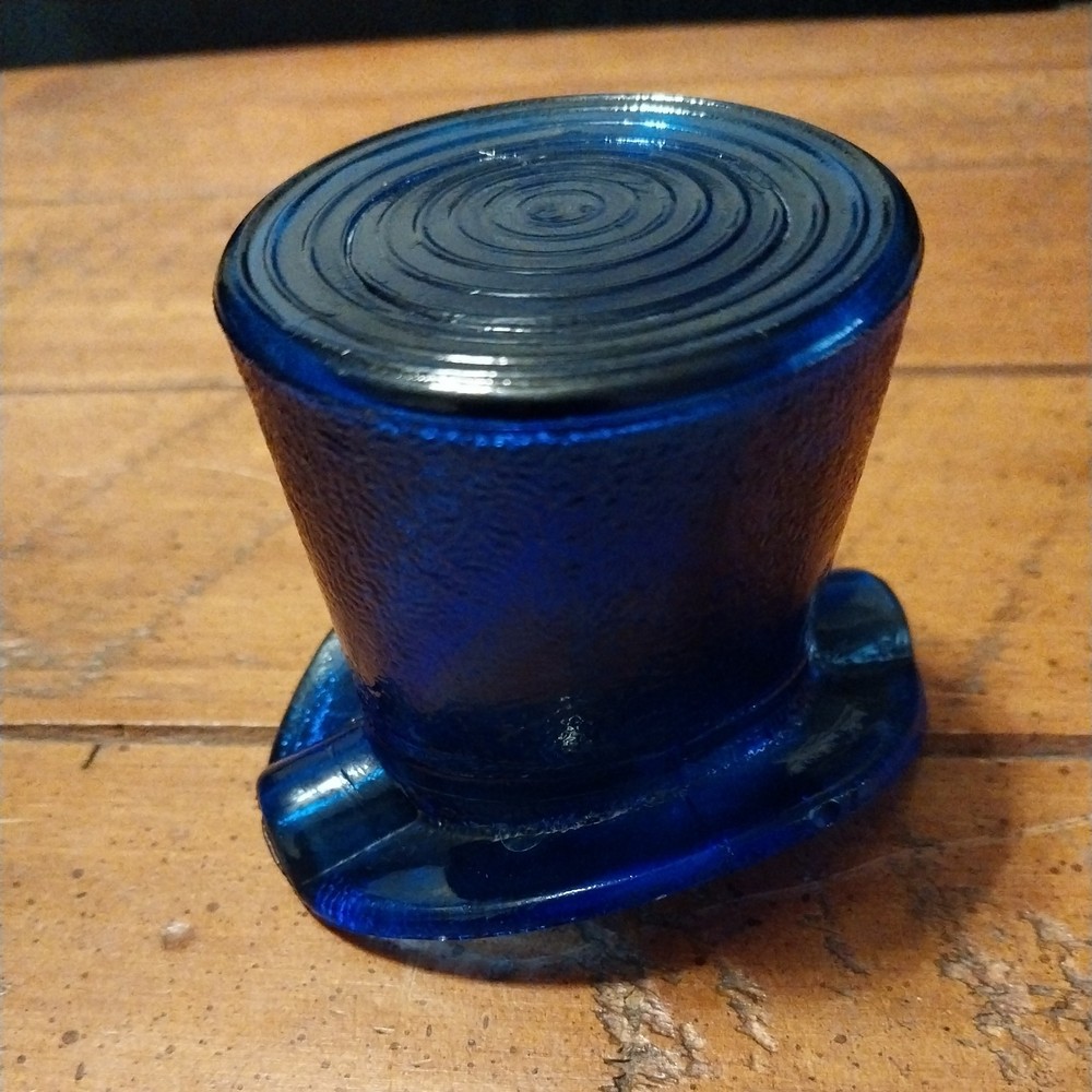 COBALT BLUE GLASS TOP HAT ASHTRAY TOOTHPICK HOLDER w/ RINGED BOTTOM