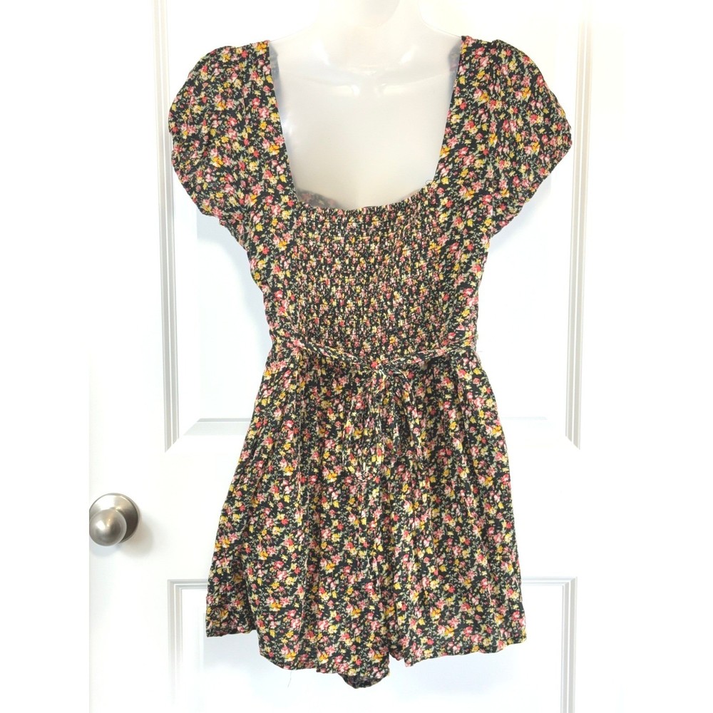 American Eagle Floral Print Square Neck Romper Women's Large Black Red Spring L