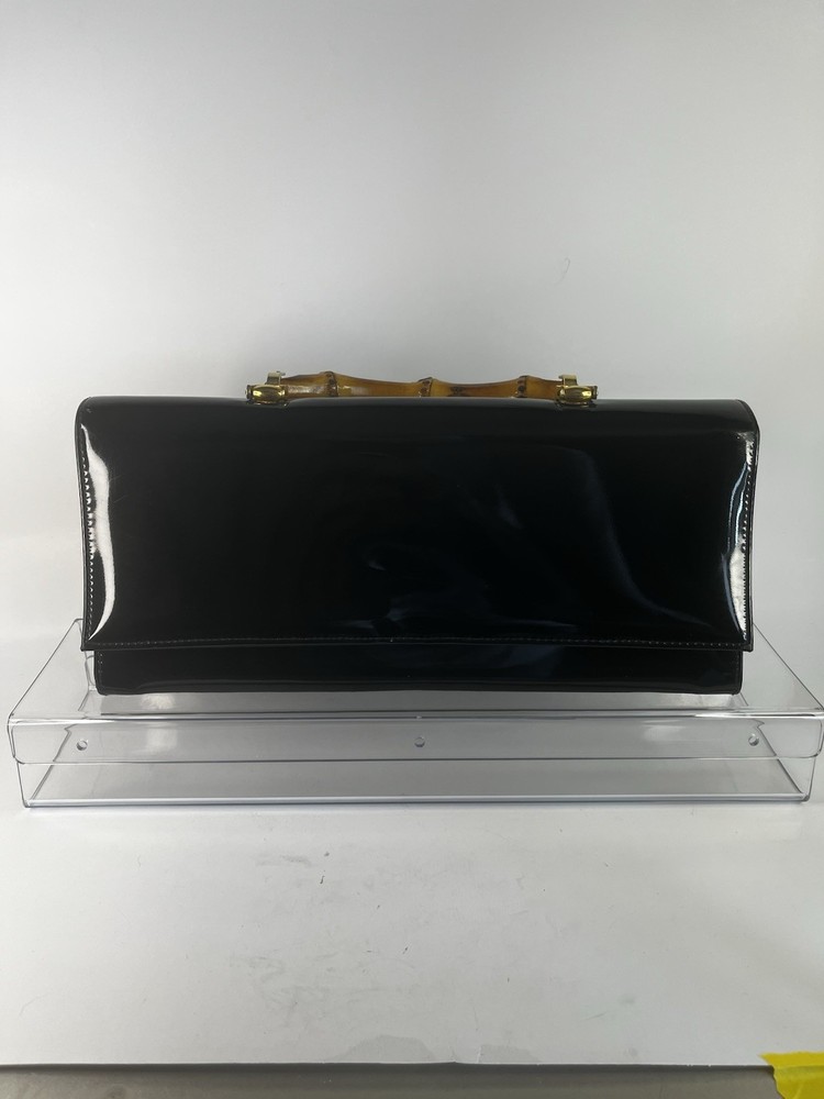 Vintage 60s Berné Black Patent Leather Bamboo Handle Clutch w/ Gold Clasp [MINT]