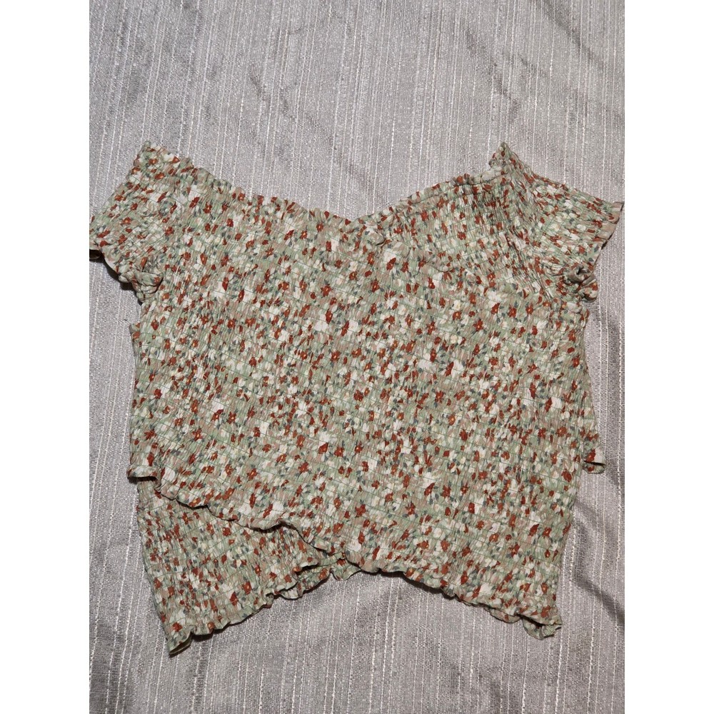 BB Dakota Steve Madden Floral Smocked Off Shoulder Crossover Top Green Large