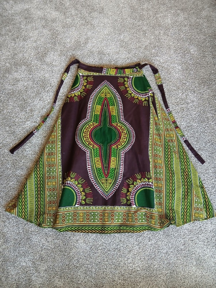 African Dashiki Print Wrap Skirt OS Maxi Tribal Ethnic Boho Festival Cotton