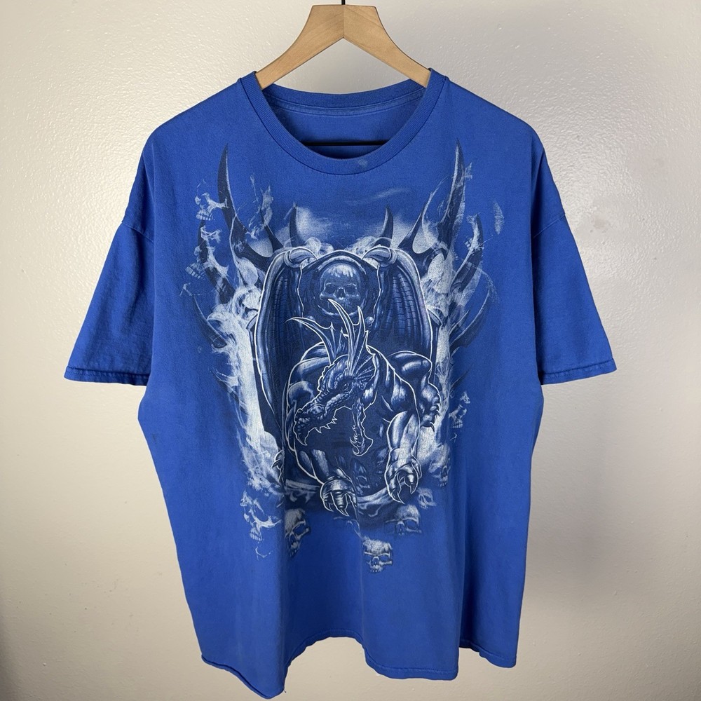 Y2K Dragon Skull Flames Punk Grunge Goth Blue Vintage T Shirt Size Boxy XL