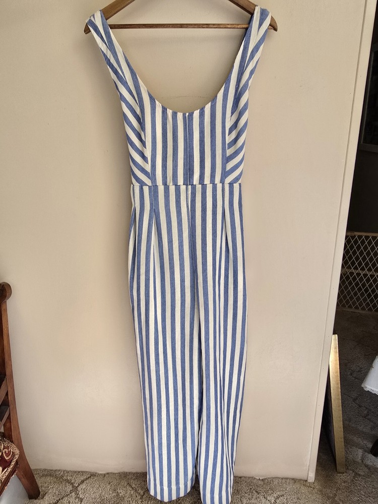 Women's Mustard Seed NWT Sz M Wide Leg Blue White Stripes Sleeveless Jumpsuit