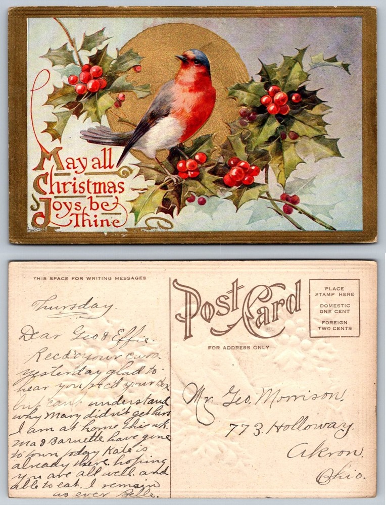 Vintage Christmas Holly Berries Bird Postcard Embossed Gold Accent Akron OH-image