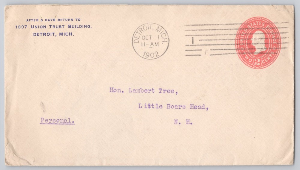 Detroit, Mich Union Trust Bldg return envelope, 2c stamp, Un 1902
