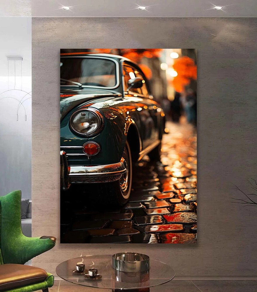 Abstract Car on The Wet Street, Retro Print Wall Art Canvas Unframed Print Art