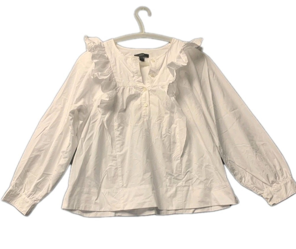 J. Crew Women's Blouse Size 8 White Ruffle Front Long Sleeve Button Front Boho
