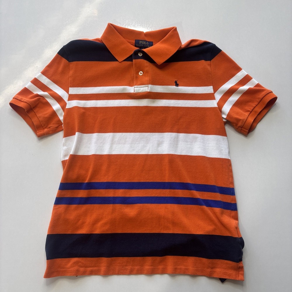Polo Ralph Lauren Polo Shirt Youth Size XL Orange Navy Blue Striped Short Sleeve
