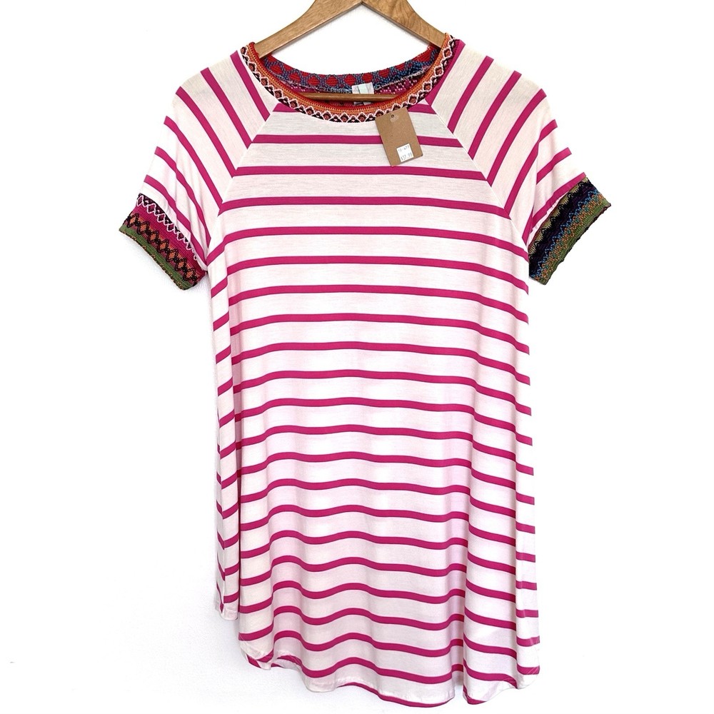 NWT Bellamie Tunic Women’s Large Pink White Striped Embroidered Made In USA Top
