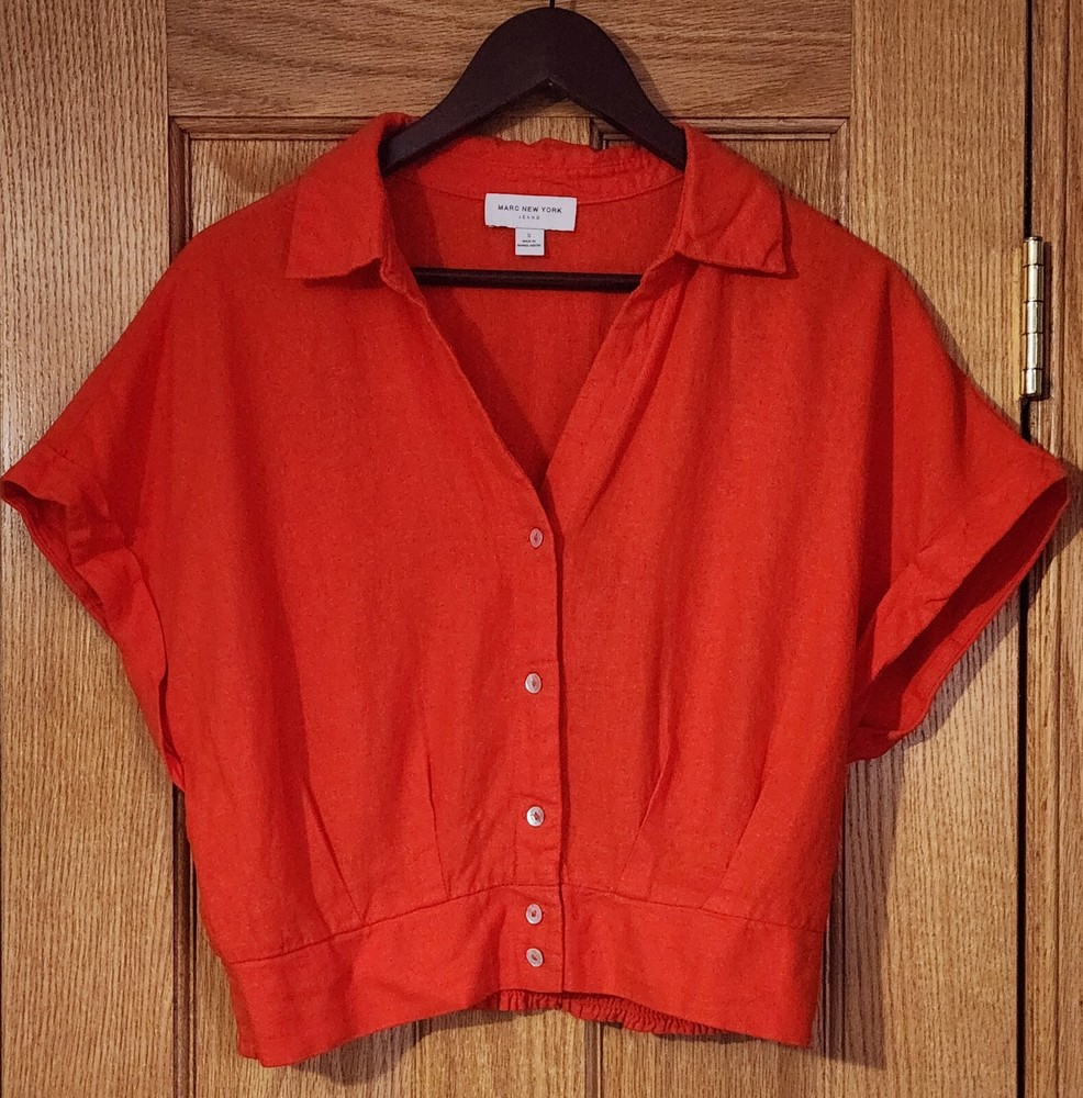 Marc New York Jeans Linen Cropped Blouse Women S Orange Chartreuse Button Front