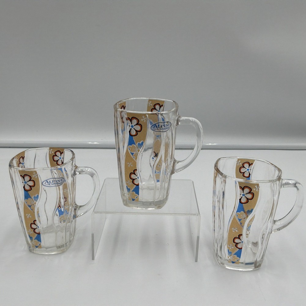 Set of 3 Vintage Alpine Cuisine Floral Clear Glass Coffee Tea Mugs 6 oz 4” Tall