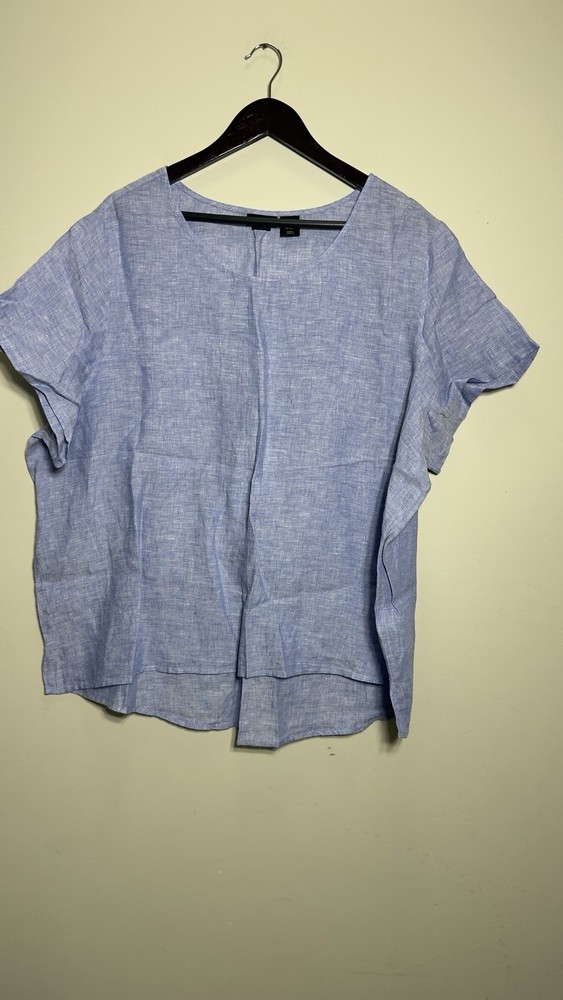 Tahari 100% Linen Shirt Womens 2X Blue Short Sleeve High Low Hem Blouse Plus