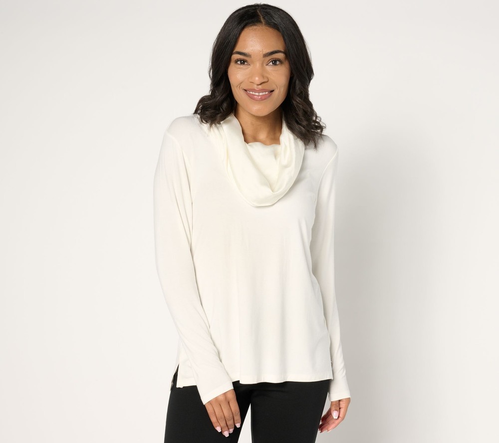 Belle by Kim Gravel Women's Top Sz L Modal Spandex Sateen Cowl Neck White