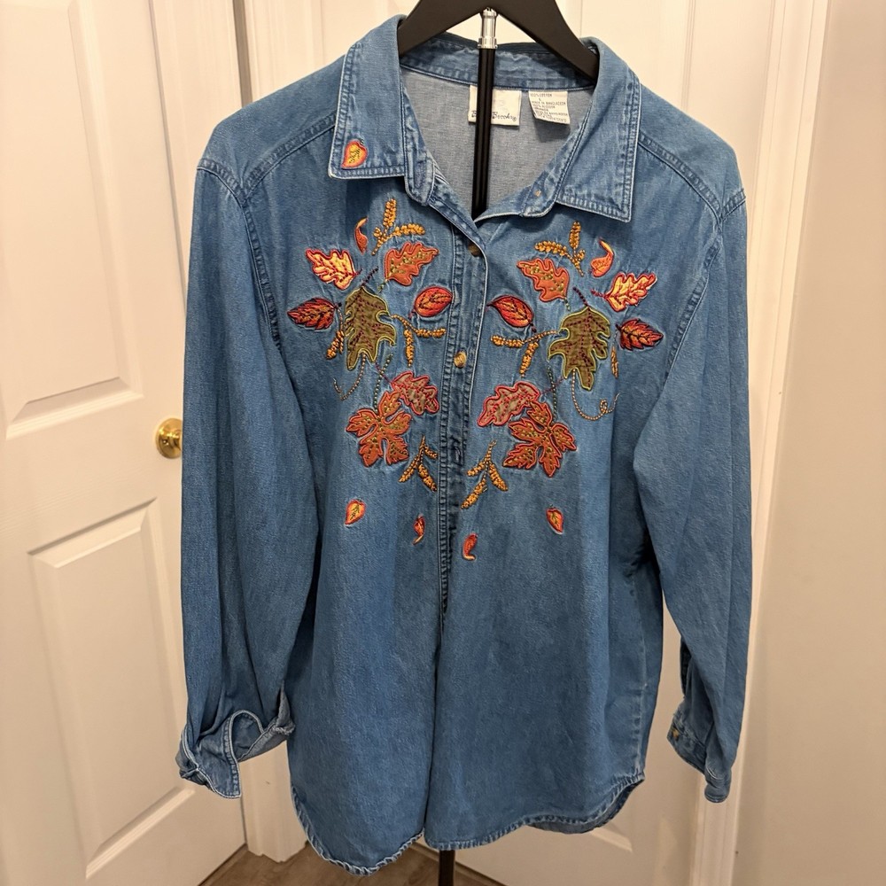 Vintage Bobbie Brooks Embroidered Denim Shirt Fall Leaves 90s Large Grannycore