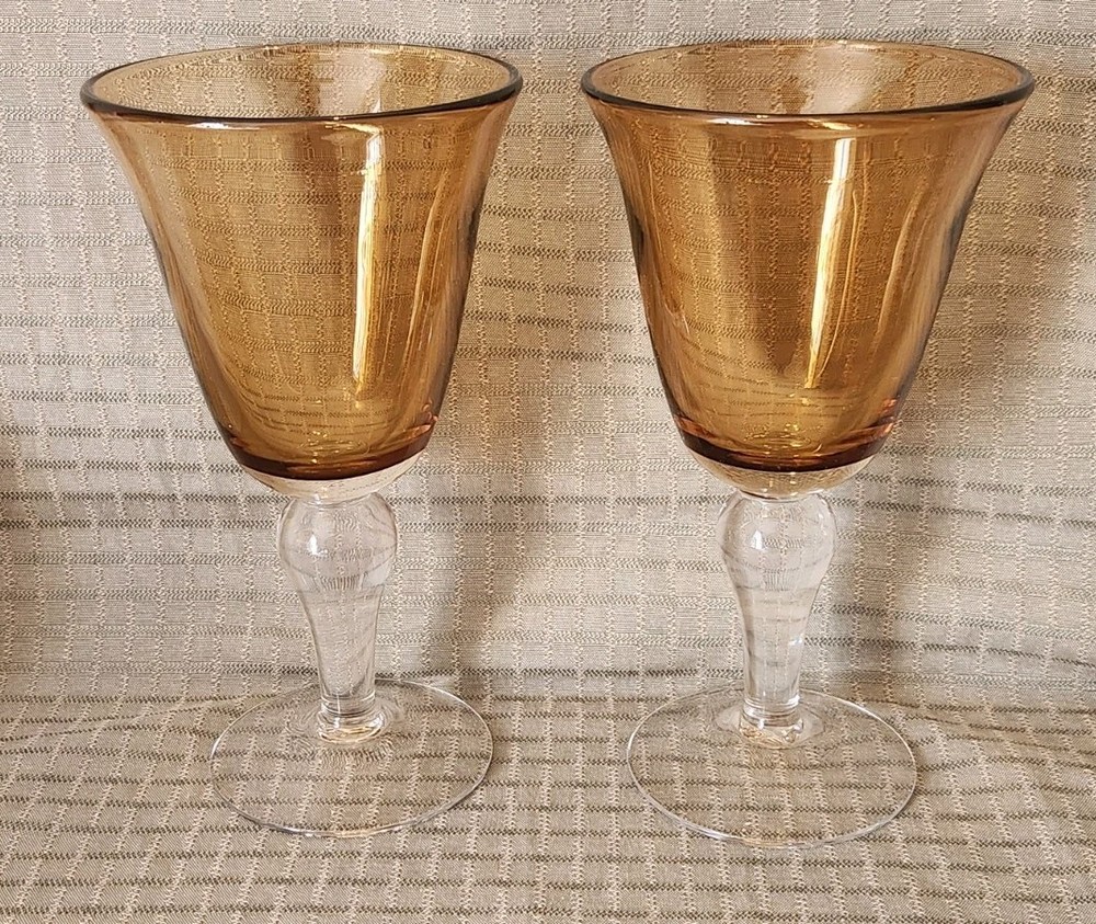 2 AMBER ARTLAND BUBBLE SEEDED GLASS GOBLET Iris Amber Gold Water, Wine 8