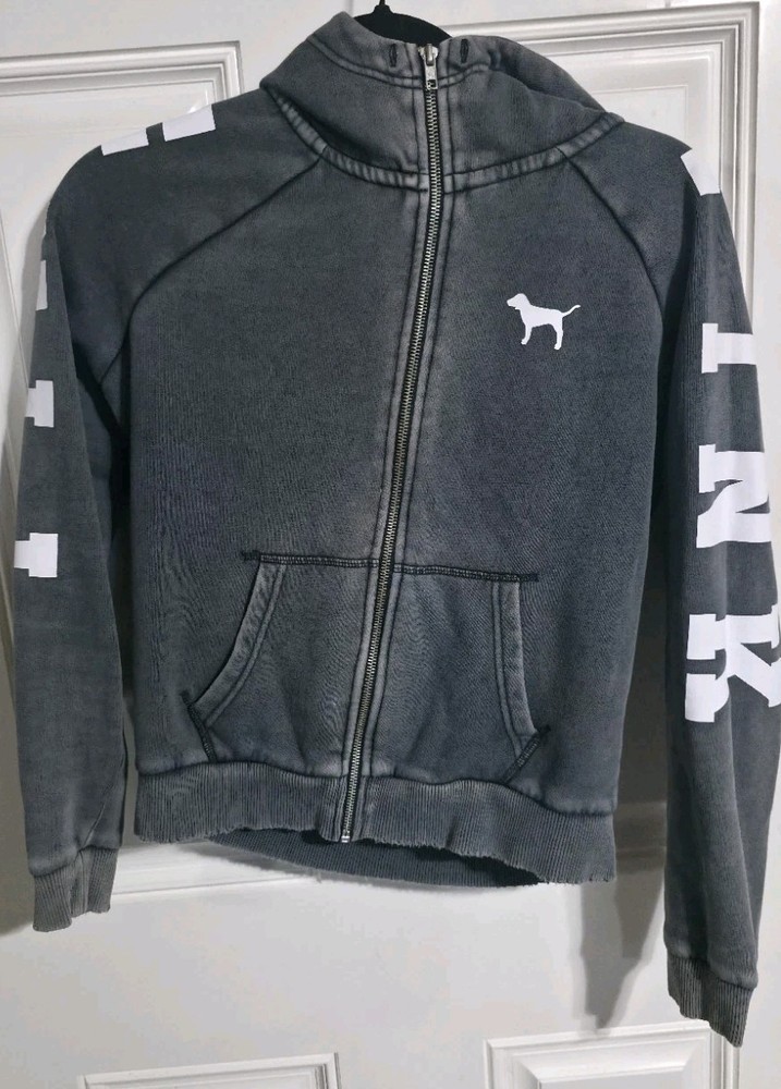 PINK Victoria's Secret Full Zip Distressed Hoodie Gray Logo Dog Women's Size S