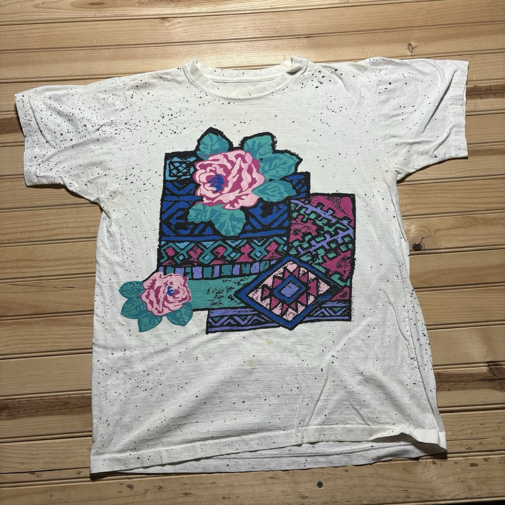 Vintage 90s Native Flower Floral Sketch Art Aztec Single Stitch AOP Shirt Size L