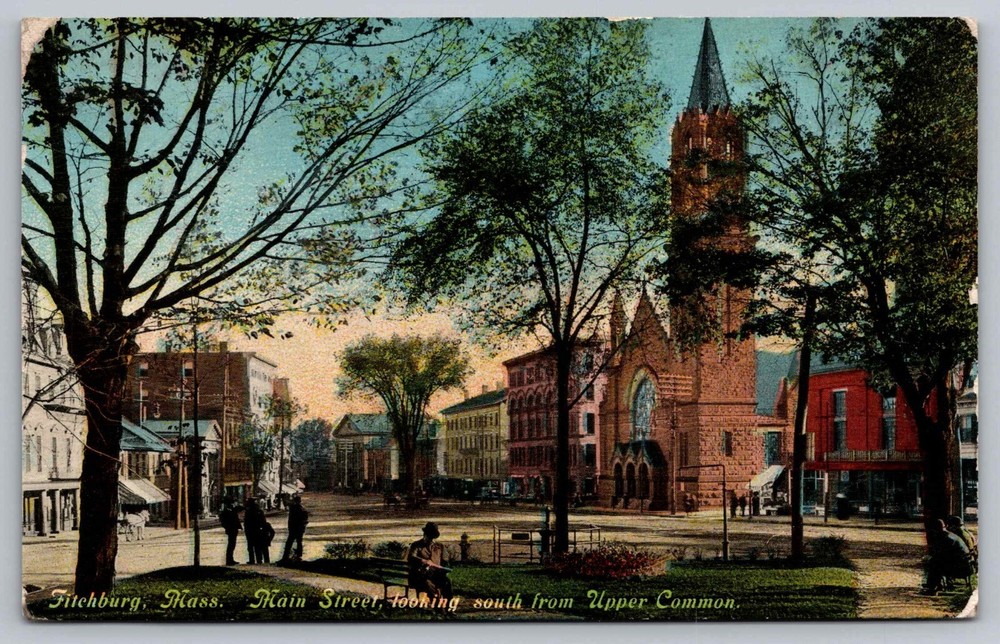 Postcard Main Street Looking South from Upper Common Fitchburg Massachusetts